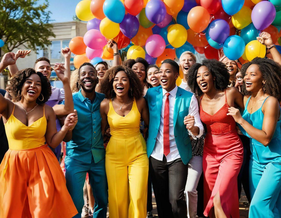 A vibrant, colorful scene featuring a group of diverse, joyful adult performers celebrating in a sunlit, festive atmosphere. They are engaging in laughter, dancing, and showcasing their unique styles, with an emphasis on body positivity and confidence. The background showcases balloons and streamers, creating a party-like vibe. The overall mood is lively and cheerful, inviting viewers to embrace joy and celebration. super-realistic. vibrant colors. festive atmosphere.